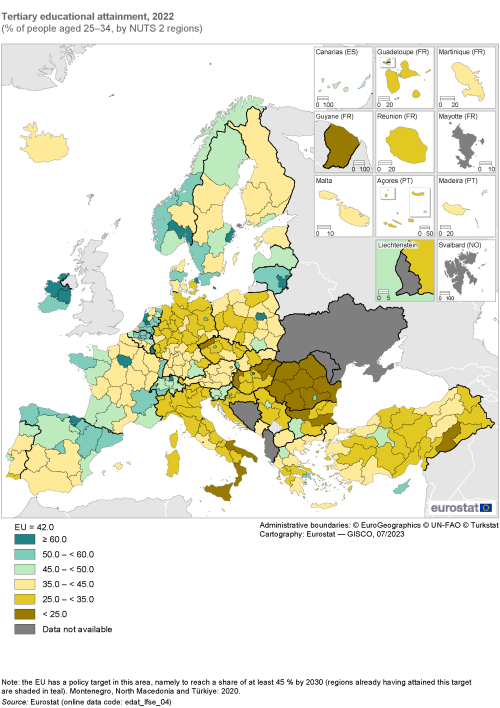 Map showing tertiary educational attainment as percentage of people aged 25 to 34 years by NUTS 2 regions in the EU. Each region is colour-coded based on a percentage range for the year 2022.
