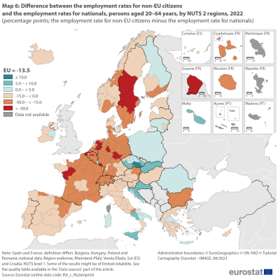 Map showing percentage points difference between the employment rates for non-EU citizens and the employment rates for nationals, persons aged 20 to 64 years by NUTS 2 regions in the EU and surrounding countries for the year 2022. Each NUTS 2 region is colour-coded based on ranges.