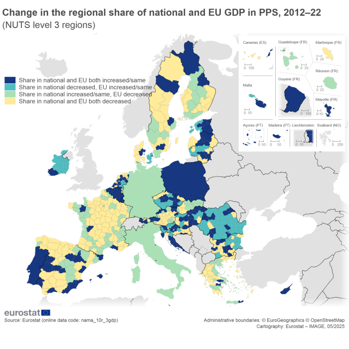 A map showing the change in the ratio of the GDP of NUTS level 3 regions to national and EU GDP. Data are shown for 2012 to 2022 for level 3 regions of EU countries. The complete data of the visualisation are available in the Excel file at the end of the article.