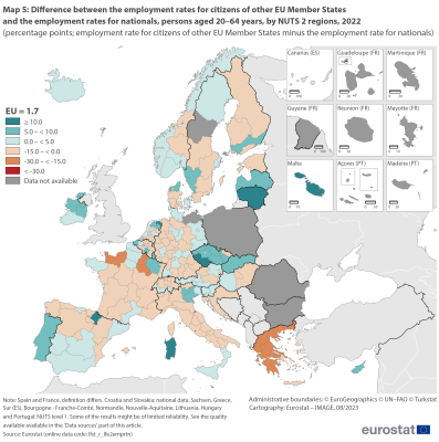 Map showing percentage points difference between the employment rates for citizens of other EU member States and the employment rates for nationals, persons aged 20 to 64 years by NUTS 2 regions in the EU and surrounding countries for the year 2022. Each NUTS 2 region is colour-coded based on ranges.