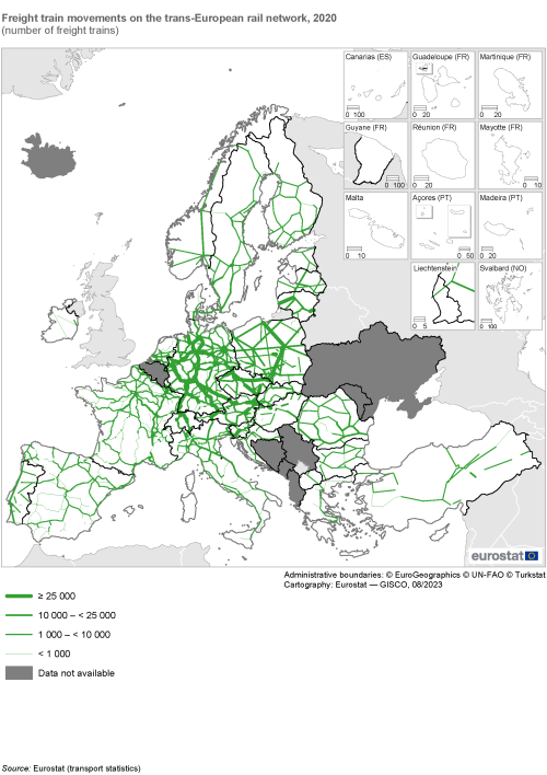 Map showing freight train movements on the trans-European rail network in the EU and surrounding countries as number of freight trains. Train network lines of varying thickness represent a range of numbered freight trains for the year 2020.