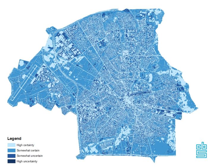 An aerial map of Eindhoven showing the relative certainty of the pavement classification; data are for 2016.