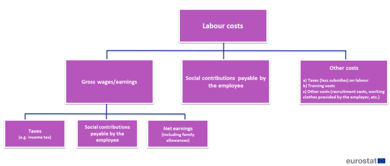 a diagram on labour cost components the diagram summarises the relation between net earnings, gross earnings/wages and labour costs