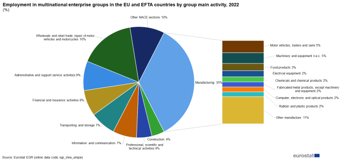 Pie chart showing percentage employment in multinational enterprise groups in the EU and EFTA countries by group main activity for the year 2022.