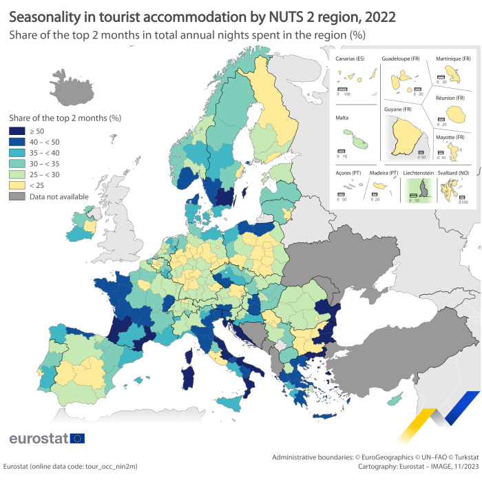 Map showing seasonality in tourist accommodation by EU NUTS 2 regions as percentage share of the top 2 months in total annual nights spent in the region. Each region is colour-coded based on percentage ranges for the year 2022.