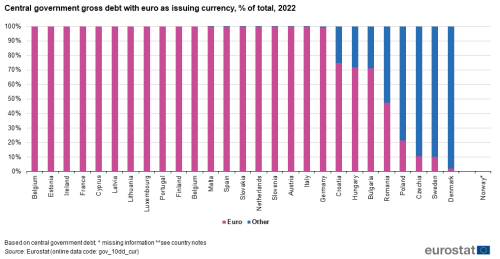 A vertical stacked bar chart showing Central government gross debt with euro as issuing currency as a percentage of total in 2022 in the EU, the euro area 19, the euro area 20 EU Member States and Norway. The stacks show euro and other.