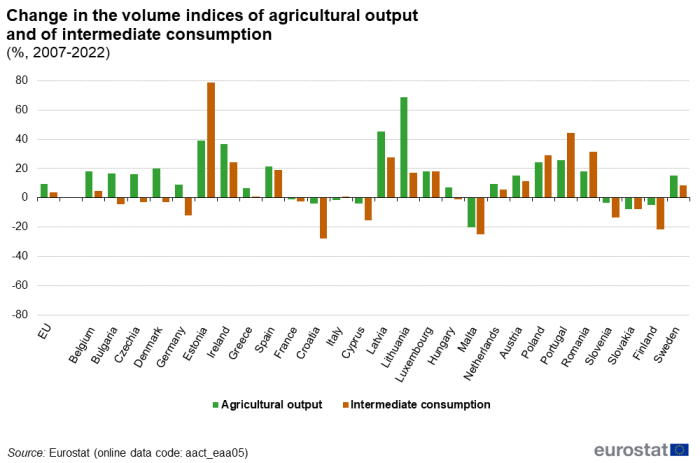 Vertical bar chart showing change in volume indices of agricultural output and of intermediate consumption as percentage for the EU and individual EU Member States. Each country has two columns representing agricultural output and intermediate consumption over the years 2007 to 2022.