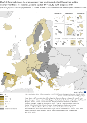 Map showing percentage points difference between the unemployment rates for citizens of other EU countries and the unemployment rates for nationals, persons aged 20 to 64 years by NUTS 2 regions in the EU and surrounding countries for the year 2023. Each NUTS 2 region is classified based on ranges.