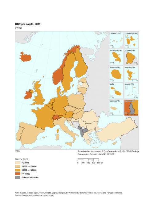 Map showing GDP per capita in PPS for the EU and surrounding countries. Each country is colour coded based on a range for the year 2019.
