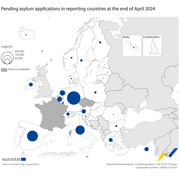 Map showing persons with asylum applications pending in the EU countries and surrounding countries at the end of April 2024. Each country is classified based on a range in number of applications pending.