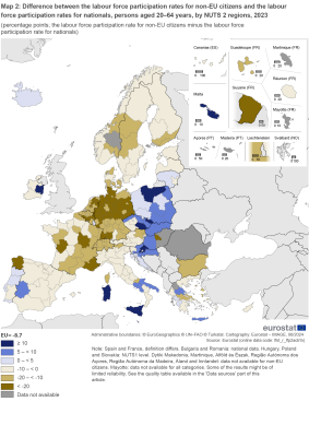 Map showing percentage points difference between the labour force participation rates for non-EU citizens and the labour force participation rates for nationals, persons aged 20 to 64 years by NUTS 2 regions in the EU and surrounding countries for the year 2023. Each NUTS 2 region is classified based on ranges.