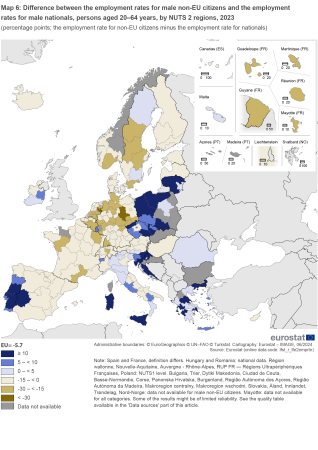 Map showing percentage points difference between the employment rates for male non-EU citizens and the employment rates for male nationals, persons aged 20 to 64 years by NUTS 2 regions in the EU and surrounding countries for the year 2023. Each NUTS 2 region is classified based on ranges.