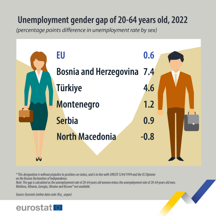 visual showing the difference in unemployment rate between women and men aged 20-64 years, measured in percentage points, in the EU, Bosnia Herzegovina, Türkiye, Montenegro, Serbia and North Macedonia in 2022.