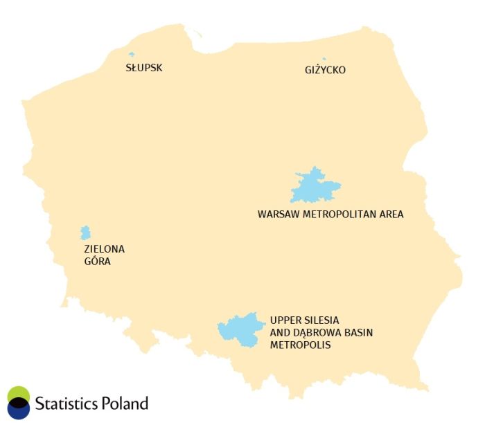 A map showing the five urban areas selected for the Statistics Poland project.