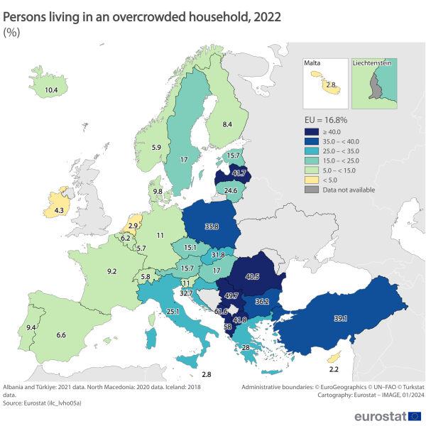 Map showing percentage of persons living in an overcrowded household in EU Member States and surrounding countries for the year 2022.