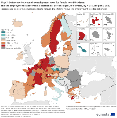 Map showing percentage points difference between the employment rates for female non-EU citizens and the employment rates for female nationals, persons aged 20 to 64 years by NUTS 2 regions in the EU and surrounding countries for the year 2022. Each NUTS 2 region is colour-coded based on ranges.