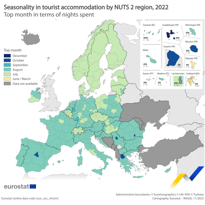 Map showing seasonality in EU tourist accommodation by NUTS 2 region based on top month in terms of nights spent. The months December, October, September, August, July, June/March and data not available each have a colour and the regions are colour-coded according to the top month for the year 2022.