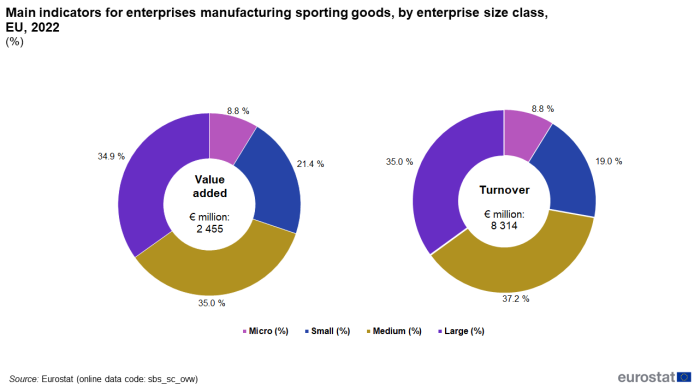 Two separate doughnut charts showing value added and net turnover by enterprise size class in the EU for the year 2022. Each chart has four segments representing each size class for the year 2022.