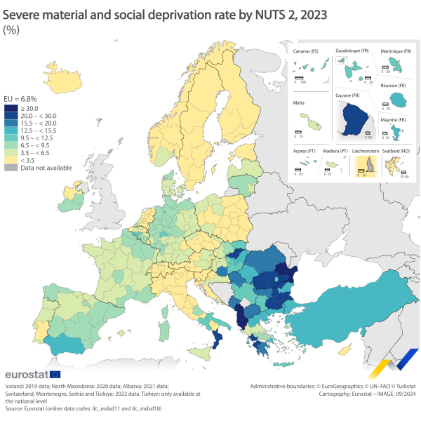 Map showing severe material and social deprivation by EU NUTS level 2 regions. Each region is colour-coded based on percentages of severe material and social deprivation for the year 2023.
