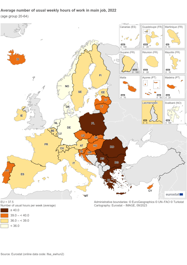 Map showing average number of usual weekly hours of work in main job of the age group 20 to 64 years in the EU Member States and surrounding countries. Each country is colour coded based on a range of hours per week for the year 2022.