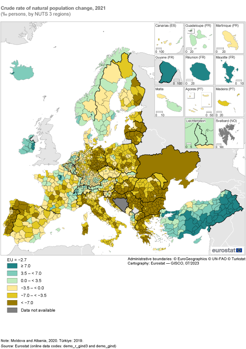 Map showing crude rate of natural population change as per mille persons by NUTS 3 regions in the EU and surrounding countries. Each region is classified based on a per mille range for the year 2021.