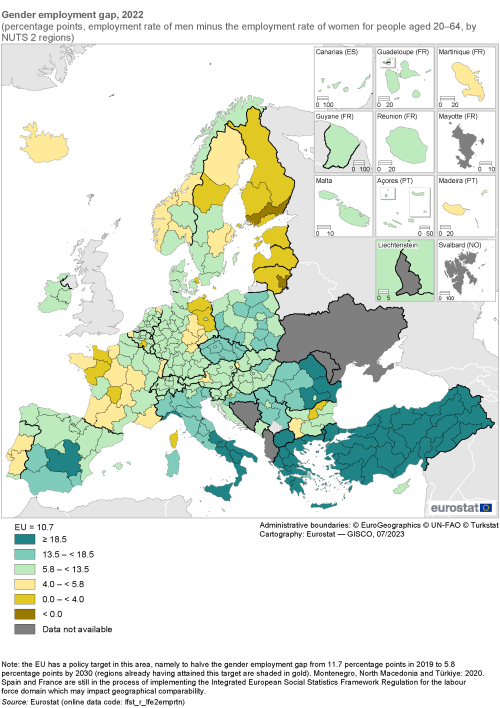 Map showing gender employment gap as percentage points based on the employment rate of men minus the employment rate of women for people aged 20 to 64 years by NUTS 2 regions in the EU and surrounding countries. Each region is colour-coded based on a percentage points range for the year 2022.