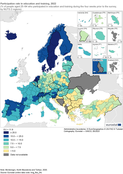 Map showing participation rate in education and training as percentage of people aged 25 to 64 years who participated in education and training during the four weeks prior to the survey by NUTS 2 regions in the EU. Each region is colour-coded based on a percentage range for the year 2022.