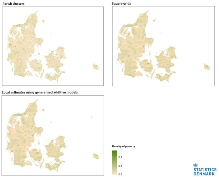 A visual composed of three example maps showing geospatial data for the density of poverty (a sustainable development indicator) for: a) parish clusters; b) square grids; and c) local estimates using generalised additive models.