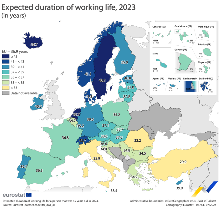 Map showing expected duration of working life in number of years in the EU countries, EFTA and candidate countries. Each country is colour-coded within a certain range for the year 2023.