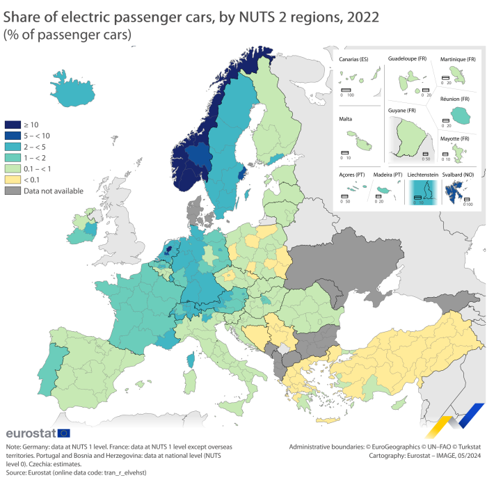 Map showing the share of electric passenger cars in the total passenger cars by NUTS 2 regions in the EU, EFTA countries and candidate countries. Each region is labelled based on a range of the share of electric passenger cars for the year 2022.