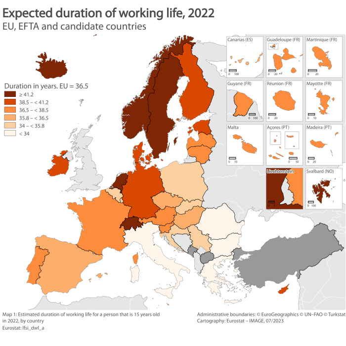 Map showing expected duration of working life in number of years in the EU Member States, EFTA and candidate countries. Each country is colour-coded within a certain range for the year 2022.