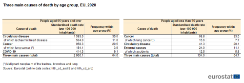 a table showing the three main causes of death by age group in the EU 2020. For people aged 65 years and over and for people aged less than 65.