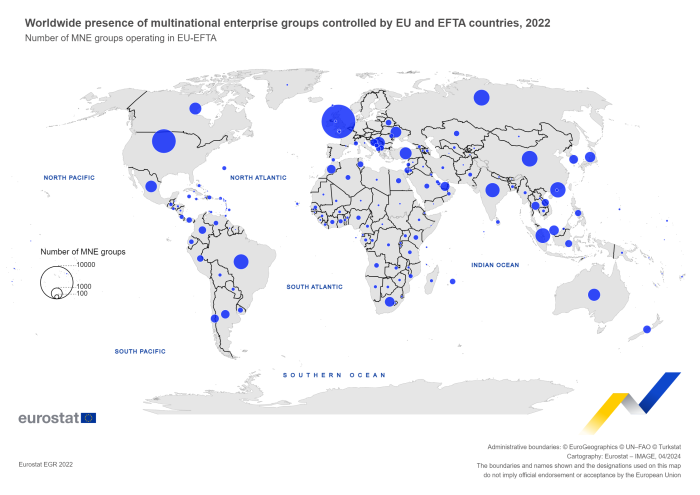 Carte à bulles montrant la présence mondiale de groupes d'entreprises multinationaux contrôlés par des pays de l'UE et de l'AELE. Différents pays sur la carte du monde ont une taille de bulle dans les fourchettes du nombre de groupes d’entreprises multinationales opérant dans l’UE-AELE pour l’année 2022.