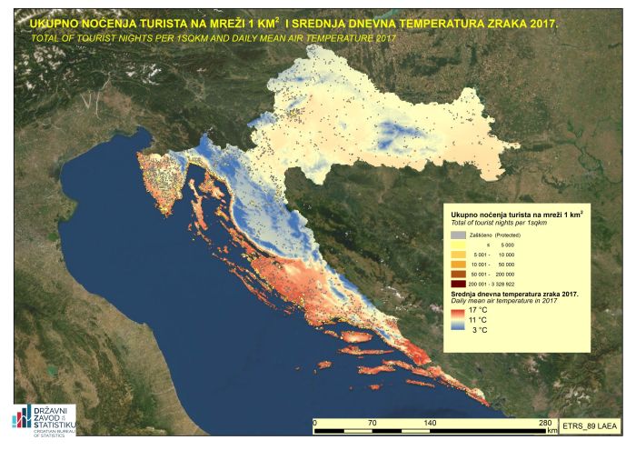 A map of Croatia showing the total number of tourist nights together with daily mean air temperatures for a one kilometre grid; data are for 2017.