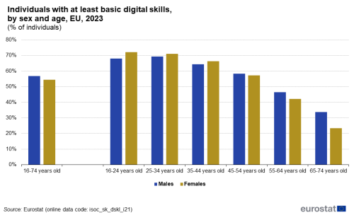 A vertical double bar chart showing the share of individuals wit at least basic digital skills in the EU by sex and age for the year 2023. Data are shown as percentage of indviduals, covering ages 16 to 74 years old.