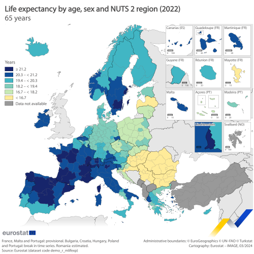 a map on life expectancy at age 65 by NUTS 2 region for 2022.
