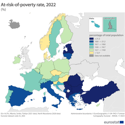 Map in 6 classes showing percentage of population under at-risk-of poverty in 2022.