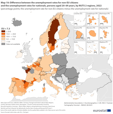 Map showing percentage points difference between the unemployment rates for non-EU citizens and the unemployment rates for nationals, persons aged 20 to 64 years by NUTS 2 regions in the EU and surrounding countries for the year 2022. Each NUTS 2 region is colour-coded based on ranges.