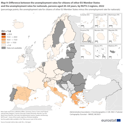 Map showing percentage points difference between the unemployment rates for citizens of other EU member States and the unemployment rates for nationals, persons aged 20 to 64 years by NUTS 2 regions in the EU and surrounding countries for the year 2022. Each NUTS 2 region is colour-coded based on ranges.