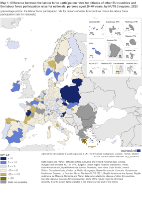 Map showing percentage points difference between the labour force participation rates for citizens of other EU countries and the labour force participation rates for nationals, persons aged 20 to 64 years by NUTS 2 regions in the EU and surrounding countries for the year 2023. Each NUTS 2 region is classified based on ranges.
