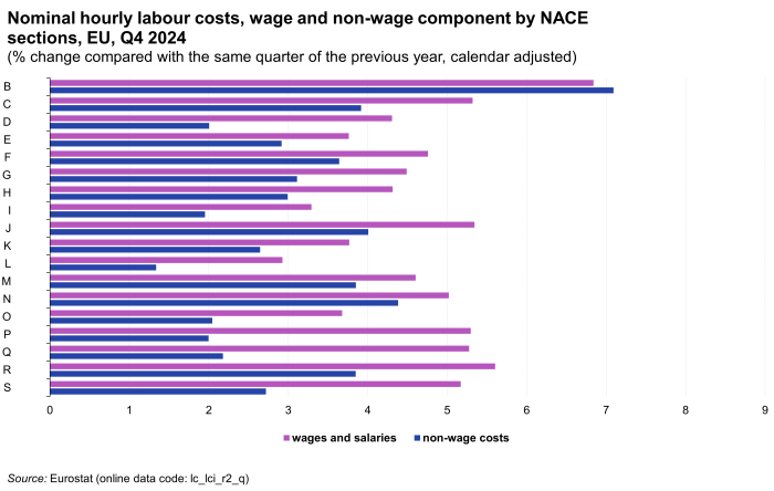 Horizontal bar chart showing nominal hourly labour costs, wage and non-wage component by NACE sections for the EU as percentage change compared with the same quarter of the previous year and calendar adjusted. The NACE sections B to S each have two bars representing wages and salaries and non-wage costs during the fourth quarter of 2024.