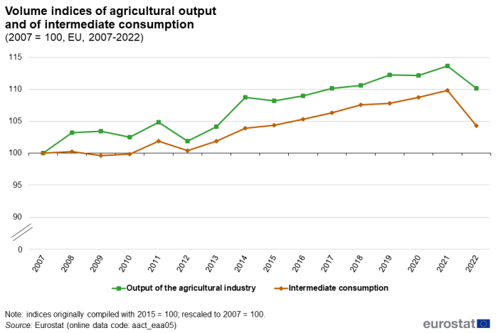 Line chart showing volume indices of agricultural output and of intermediate consumption in the EU. The year 2007 is indexed at 100. Two lines represent output of the agriculture industry and intermediate consumption over the years 2007 to 2022.