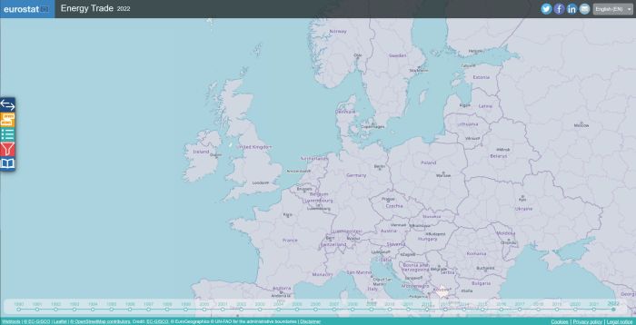 Map of the EU Member States and surrounding countries that links to an interactive map tool showing energy trade.
