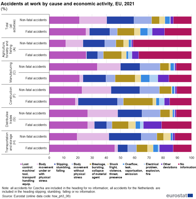Horizontal queued bar chart showing percentage accidents at work by cause and economic activity in the EU. Totalling 100 percent, each of the 12 bars for non-fatal and fatal accidents in six economic activities has ten queues representing lost control, body movement, slipping, stumbling, falling, breakage, shock fright, overflow leak, electrical problem, other deviations and no information for the year 2021.
