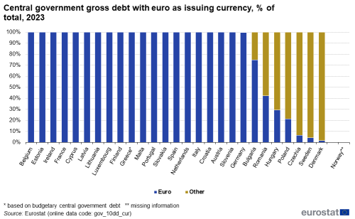 A vertical stacked bar chart showing central government gross debt denominated in euro as a percentage of total in 2023 in the EU, the euro area 20, EU countries and Norway. The stacks show euro and other currencies.