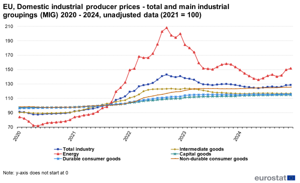 Line chart showing domestic industrial producer prices of total and main industrial groupings as unadjusted data with the year 2021 indexed at 100 for the EU. Six lines represent total industry, intermediate goods, energy, capital goods, durable consumer goods and non-durable consumer goods over the years 2015 to 2024.