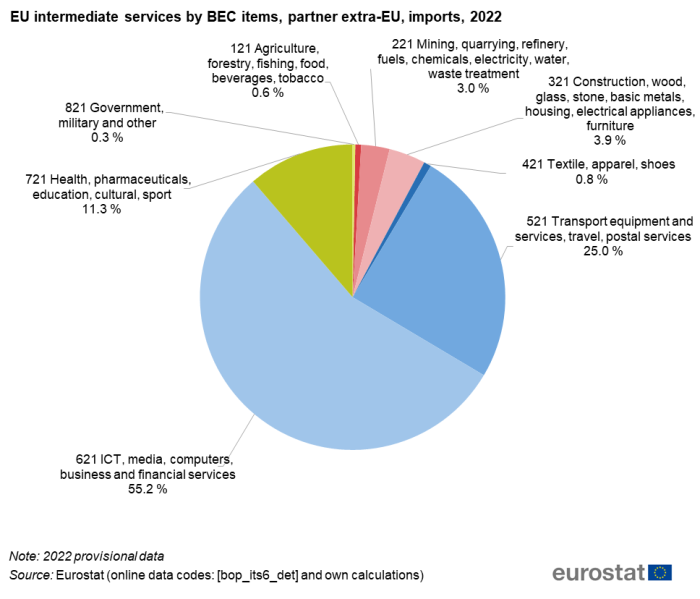 Pie chart showing percentage EU intermediate services by BEC items imports with extra-EU partner for the year 2022.