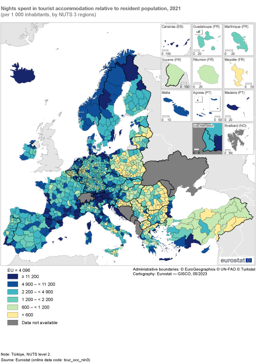 Map showing nights spent in tourist accommodation relative to resident population per 1 000 inhabitants, by NUTS 3 regions in the EU and surrounding countries. Each region is classified based on a numbered range of inhabitants for the year 2021.