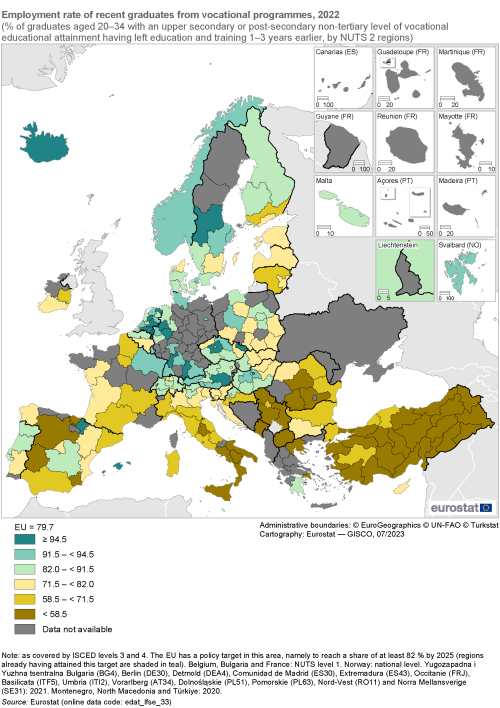 Map showing employment rate of recent graduates from vocational programmes as percentage of graduates aged 20 to 34 years with an upper secondary or post-secondary non-tertiary level of vocational educational attainment having left education and training 1 to 3 years earlier by NUTS 2 regions in the EU. Each region is colour-coded based on a percentage range for the year 2022.