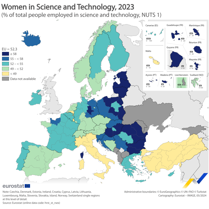 A colour-coded map of Europe showing the share of women in science and technology for the year 2023. Data are shown as percentage of total people employed in science and technology for the EU Member States, NUTS 1 region